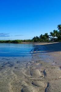 Scenic view of beach against clear blue sky