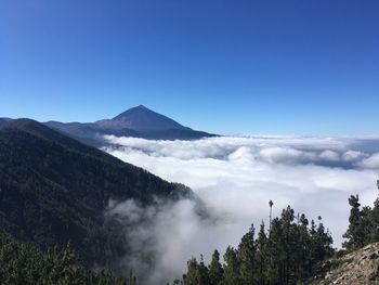 Panoramic view of volcanic mountain against blue sky