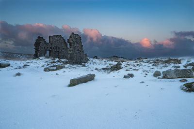 Scenic view of snow landscape against sky during sunset