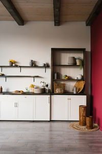 Wooden kitchen in scandinavian style. cozy interior of a house or apartment