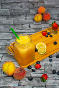 High angle view of fruits on table
