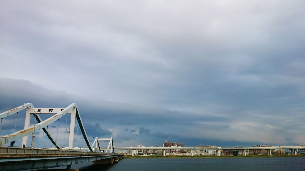 architecture, built structure, sky, cloud - sky, water, cloudy, bridge - man made structure, railing, connection, building exterior, waterfront, river, overcast, bridge, cloud, sea, weather, pier, engineering, day