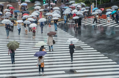 People walking while holding umbrellas at city during rainy season