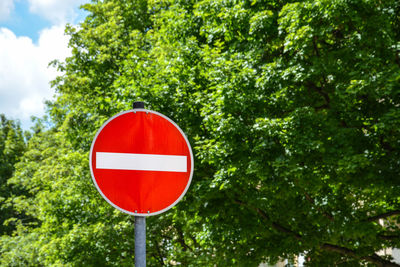 Low angle view of road sign against trees