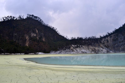 Scenic view of lake by mountain against sky