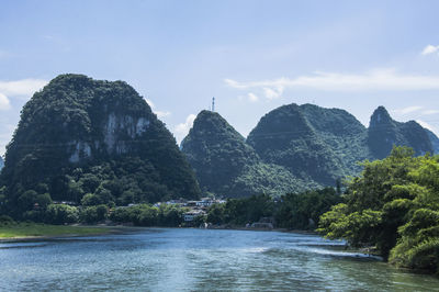 Scenic view of river and mountains against sky