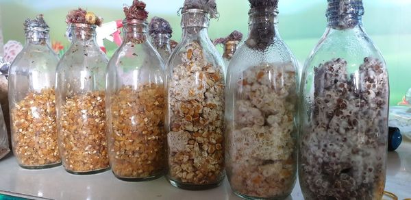 Close-up of bottles on table