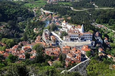 High angle view of houses in town