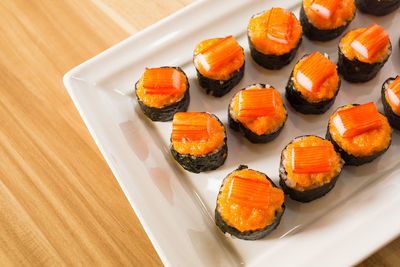 High angle view of sushi in plate on table