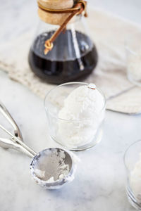 High angle view of ice cream in glass on table