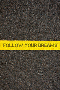 High angle view of yellow text on road