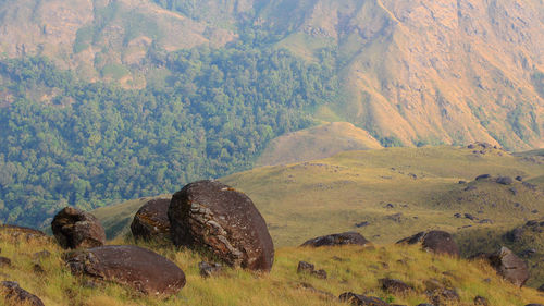 Scenic view of rocks on land against mountain