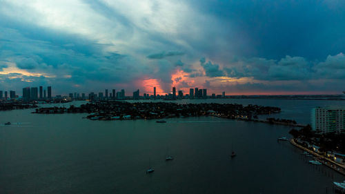 Wide shot of the venetian causeway from south beach over biscayne bay