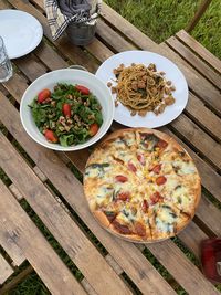 High angle view of food served on table