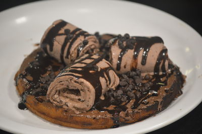 Close-up of chocolate cake in plate