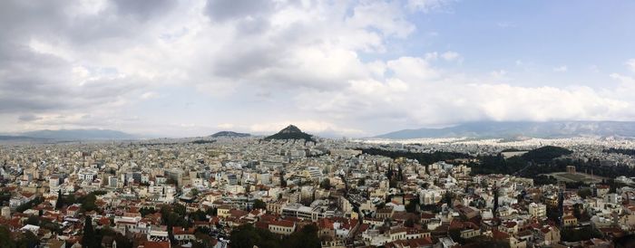 High angle shot of townscape against sky