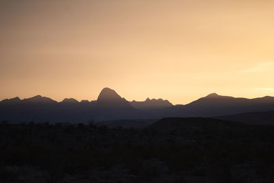 Scenic mountain and desert landscape view of sunset in big bend national park, texas