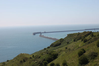 High angle view of bay against sky