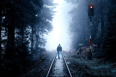 Rear view of man walking on railroad track during foggy weather at forest