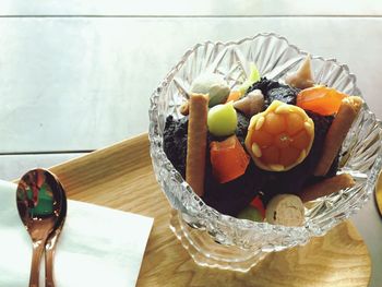 High angle view of fruits in bowl on table