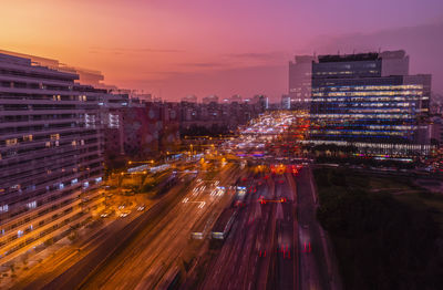 High angle view of illuminated city at night