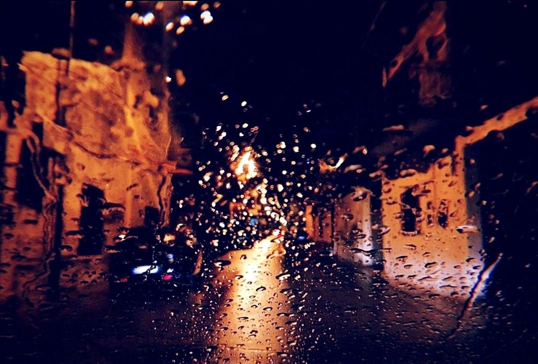 wet, rain, drop, night, car, motor vehicle, darkness, water, transportation, mode of transportation, glass, car interior, window, no people, city, land vehicle, nature, light, vehicle interior, indoors, street, illuminated, windshield, rainy season, reflection, motion, transparent, raindrop, close-up, monsoon, architecture, road