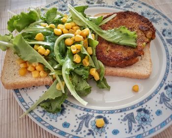 High angle view of breakfast served on table