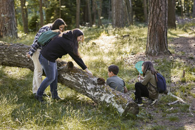 Rear view of people walking in forest