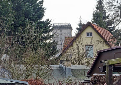 Houses against sky seen through bare trees