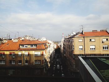 High angle view of buildings against sky