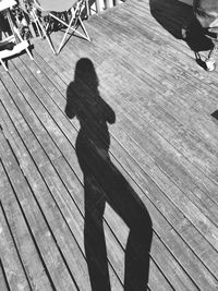 Shadow of people walking on boardwalk