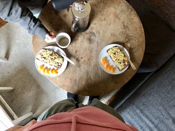 High angle view of man having food