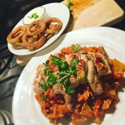 High angle view of meal served on table