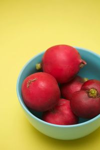 High angle view of strawberries in bowl