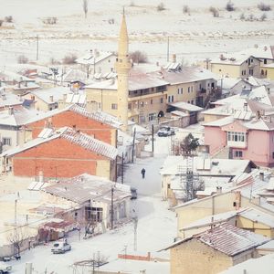 High angle view of houses in city during winter