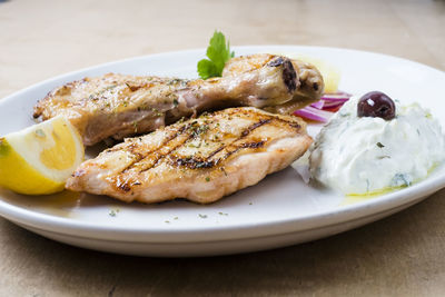 Close-up of food in plate on table