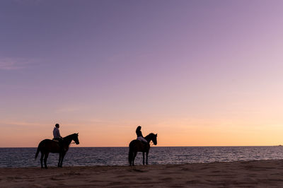 Silhouette people on beach against sky during sunset