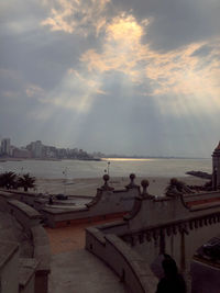 High angle view of sea against sky during sunset