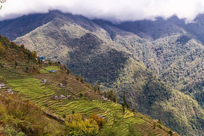 High angle view of mountains against sky