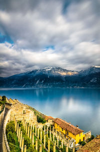 Panoramic view of lake against cloudy sky