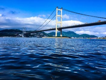 View of suspension bridge over river