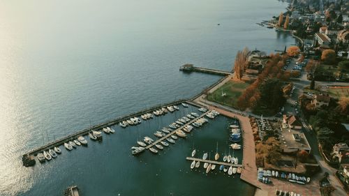 High angle view of harbor by sea