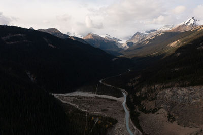 Aerial view of yoho national park valley near takakkaw waterfall.