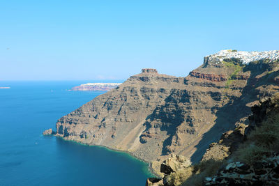 Scenic view of sea against clear blue sky