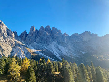 Scenic view of mountains against clear blue sky
