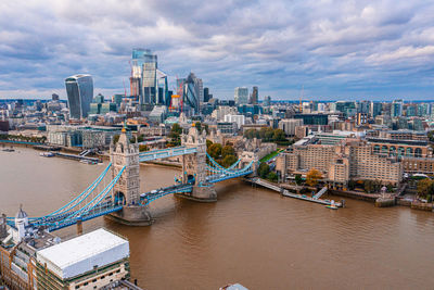 Aerial panoramic sunset view of london tower bridge and the river thames