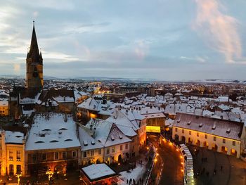 City decorated for christmas seen from above