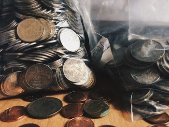 High angle view of coins on table