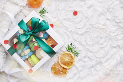 High angle view of christmas decorations on table