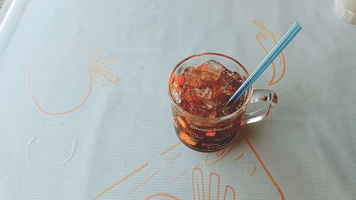 High angle view of drink on table